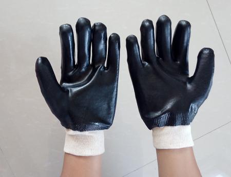 Acabado liso Algodón Tejido Muñeca Guante de PVC Negro