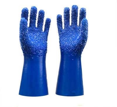 Luvas cobertas de partículas brancas de PVC azul